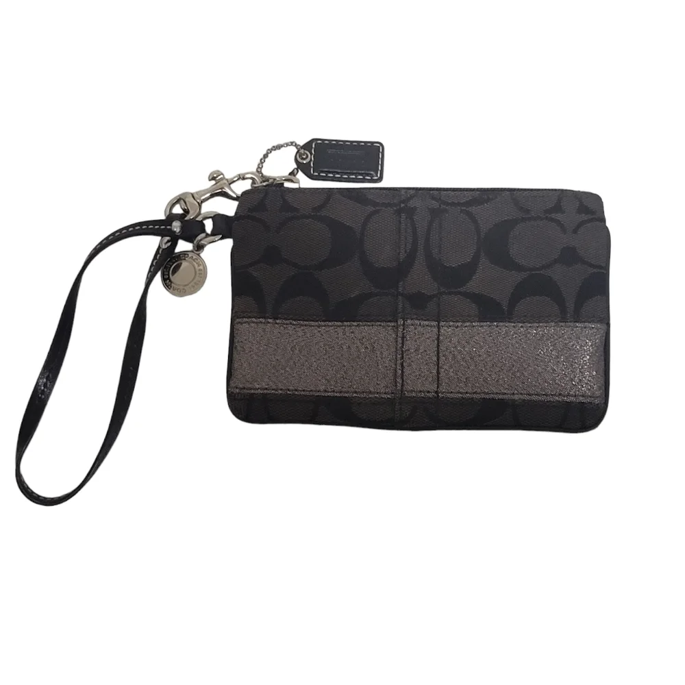 Coach Signature Jacquard Wristlet Black Charcoal Silver Stripe F06M-40028